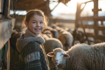 Sharp Image of Smiling Girl Standing in Barn Feeding Sheep