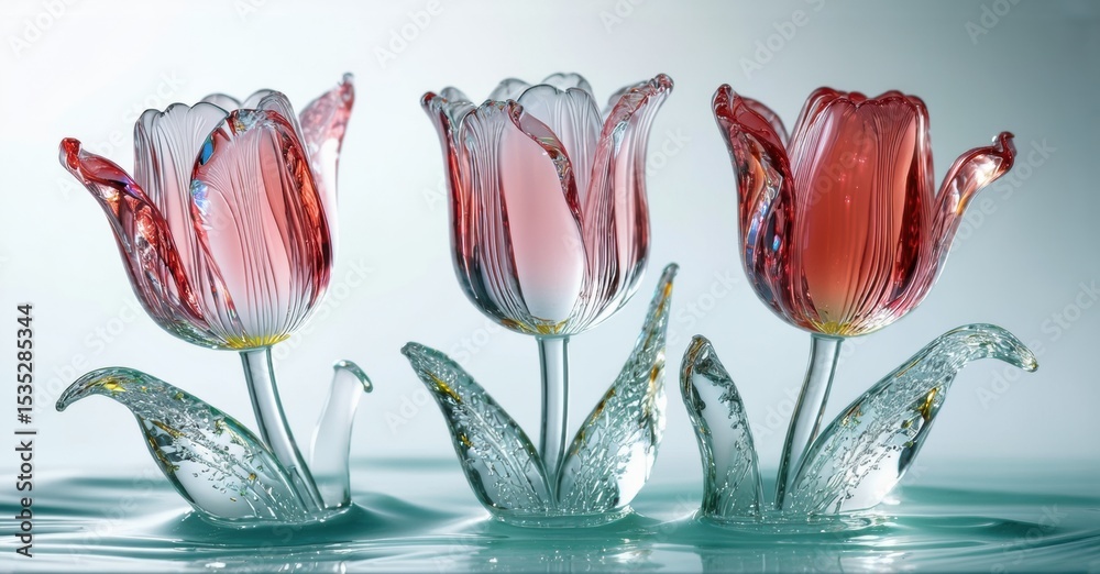 Poster elegant glass tulips float upon water. delicate petals, stems reflect light, creating beautiful visu