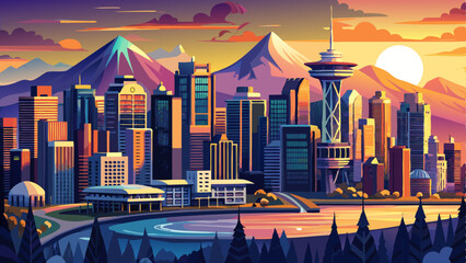Obraz premium Stunning aerial view of downtown Vancouver skyline at sunset, featuring modern skyscrapers, waterfront buildings, and scenic mountain ranges in the background.