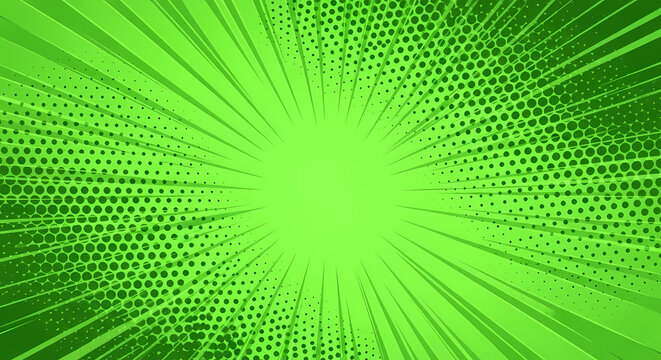 Vibrant green comic book style burst background with halftone dots and speed lines