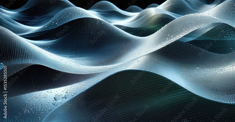 Poster abstract waves, flowing forms, digital texture. blue tones dominate, creating futuristic landscape. 