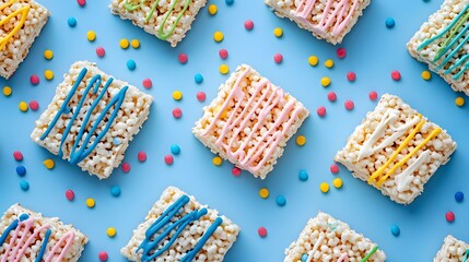 76. Flat lay of rice crispy treats cut into squares with colored drizzle