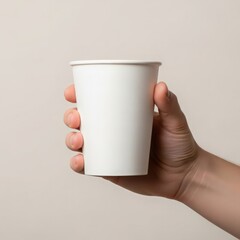 Hand Holding a Plain White Paper Cup Against a Neutral Backdrop for Mockups and Product Presentations in a Studio Setting