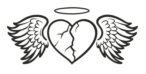 Obraz premium Vector Halo Winged Heart Tattoo Style Illustration Typography with angel wings.
