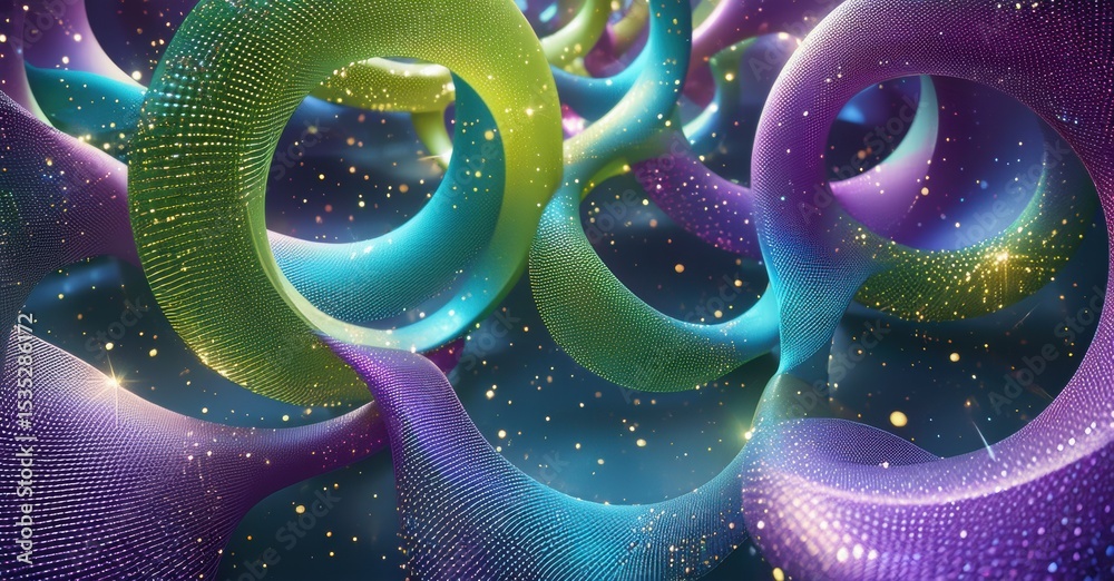 Aufkleber Abstract colorful ribbons intertwine, creating luminous shapes. Sparkles enhance dynamic composition, evoking futuristic energy.