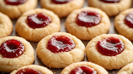 92. Detail view of jam thumbprint cookies arranged in gift tins