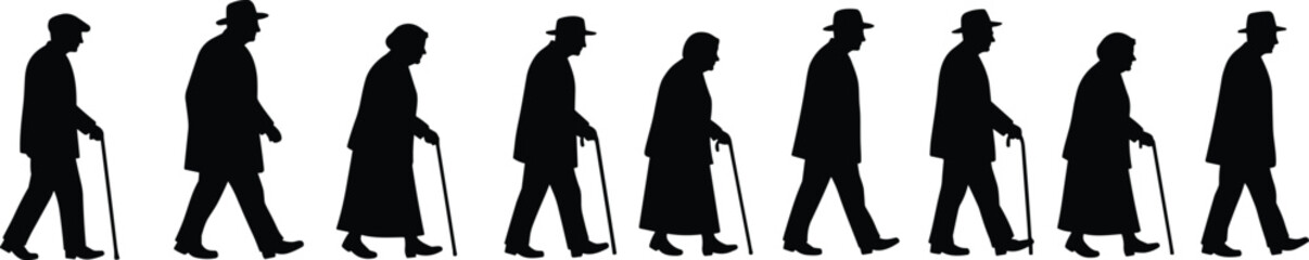Silhouettes of elderly men and women walking with canes, senior people silhouettes, aging population concept, old age mobility support, black isolated figures on white background