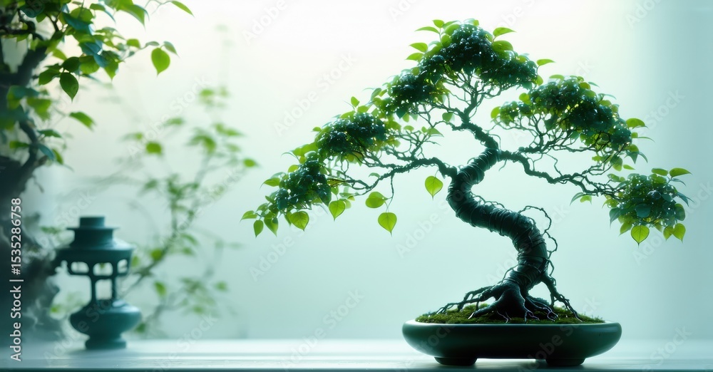 Poster bonsai tree displayed indoors. soft lighting creates serene atmosphere. minimalist composition empha