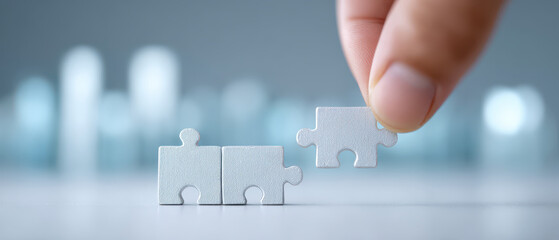 Connecting puzzle piece with hand, teamwork concept, business solution and strategy development for success