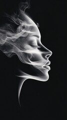 A graceful representation of a woman's profile emerges from swirling smoke, showcasing delicate features and a captivating allure