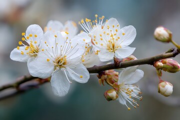 Obraz premium Captivating white cherry plum flowers in a tranquil garden oasis, ideal for nature lovers and floral photography enthusiasts