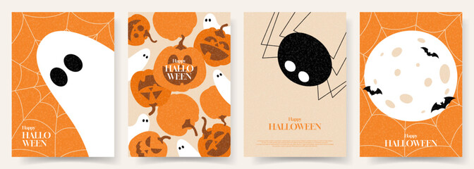 Happy Halloween posters template. Vector illustration with pumpkins, ghosts, spider, moon, bats. Flat cartoon Halloween gift cards. Trendy flyers for cover, banner, card, social media, event.