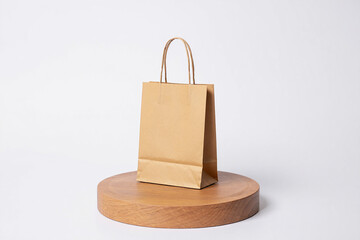 Brown paper shopping bag on wooden display stand