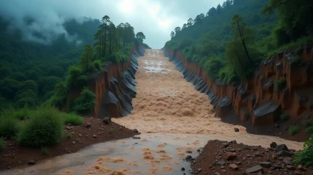 A massive mudslide rushing down a mountain slope, with debris, rocks, and dirt coming straight toward the viewer. The chaotic flow of the mud showcases the intense power and destructive force of natur