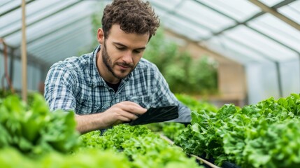 Young Man Inspecting Fresh Lettuce in Greenhouse