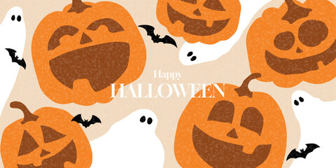 Happy Halloween holiday background. Cartoon Halloween gift card. Cute vector banner with hand-drawn pumpkins, ghosts, bats. Flat banner for decoration cover, poster, card, social media, event.
