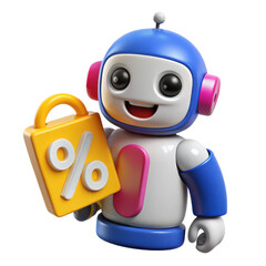 3d cartoon robot holding percentage sign isolated on white background