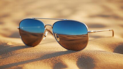 Sunglasses reflect a desert landscape, symbolizing travel and adventure under a bright blue sky. The warm sand gives a relaxed vibe.