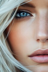 Model gazes intensely with striking blue eyes, framed by soft blonde hair, showcasing a perfect complexion and subtle makeup in warm sunlight Generative AI