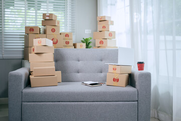 A delivery box on the sofa represents the growing trend of online shopping and the emergence of small startup businesses.