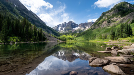 Mountain view above clouds flowers and blooming bushes at sunset sunbeams. Calm close-up beautiful landscape, screensaver background, Beautiful panorama. Summer vacation, holiday, amazing nature.