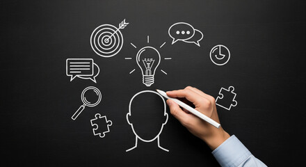 Blackboard with hand drawing lightbulb and various icons representing ideas, goals, communication, time, learning, and problem-solving