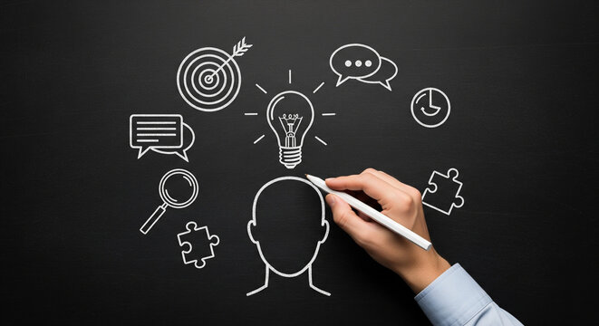 Blackboard with hand drawing lightbulb and various icons representing ideas, goals, communication, time, learning, and problem-solving - Powered by Adobe