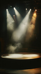 Spotlights illuminate a circular stage with atmospheric fog in a darkened theater setting.