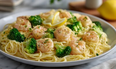A big serving platter of shrimp alfredo with broccoli, pasta, and sauce topped with parsley, lemon, and fresh pepper, ready to be served. Generative AI