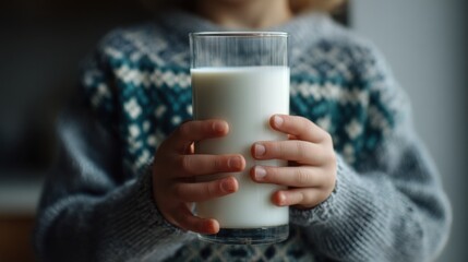 Childs hands holding glass of milk