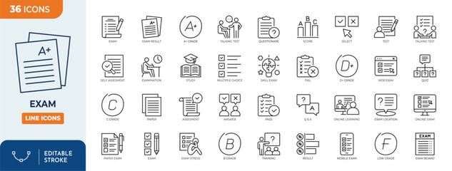 Exam line editable icon set. Containing test, score, quiz, questionnaire, results, pass, online exam, and more. Editable stroke. Vector illustration
