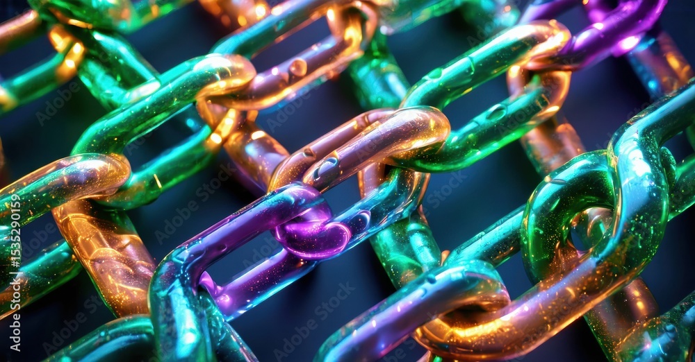 Poster vibrant chains interlock, displaying rainbow hues. glossy texture creates captivating visual effect.