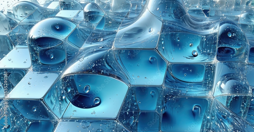 Poster abstract liquid patterns, blue hues dominate. bubbles, reflections create complex texture. viscous f