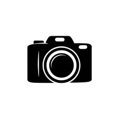 simple vector camera symbol with round lens clean design , digital camera isolated on white