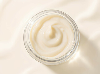 Close-up of moisturizing gel texture swirled in a clean glass jar, soft top-down light


