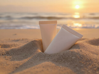 Cosmetic tubes half-buried in soft sand, sunrise tones, dreamy beach atmosphere

