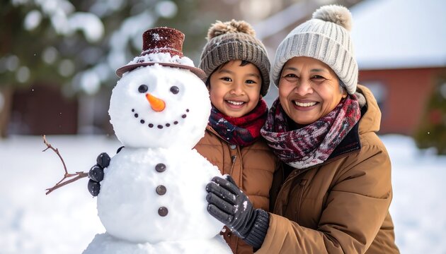Grandchild and grandma with snowman