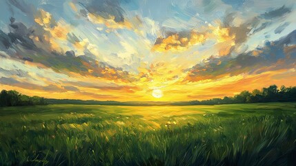 A vibrant sunset over a vast grassy field
