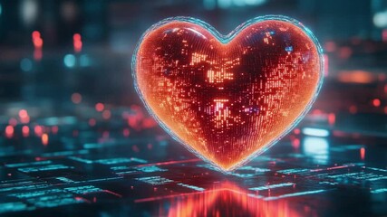 Glowing digital heart symbolizing love and technology amidst a futuristic cityscape background - Powered by Adobe