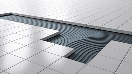 A 3D rendered architectural visualization of a modern floor with white tiles and a hidden underground structure.