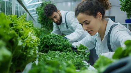 Hydroponic Farming Young Couple Harvesting Fresh Kale and Lettuce