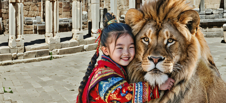 A little Asian girl in traditional dress, lovingly hugging an adult and majestic male lion in front of the ancient ruins. Photorealistic illustration with a vintage look.