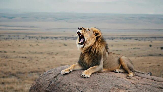 サバンナの王者ライオン、アフリカの風景と百獣の王　力強く駆ける