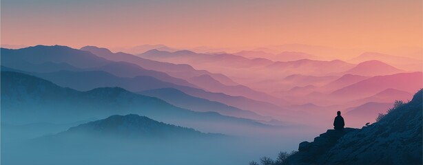 Pastel mountain landscape with silhouette of meditating person in morning light and layered fog