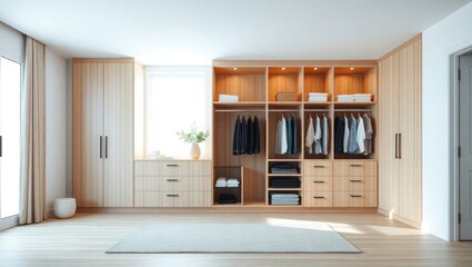 Modern Walk-in Closet Design Light Wood, Organized Storage, and Clean Aesthetics