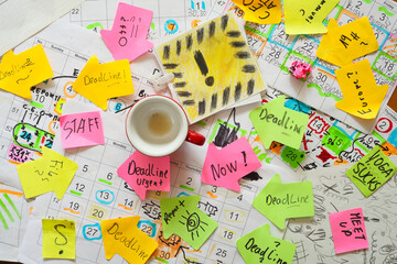 Calendars with business appointments, deadline notice and adhesive notes on cluttered desk....
