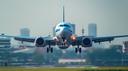 Naklejka premium Commercial jetliner on runway, about to land. City skyline in the background