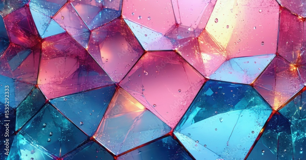 Poster Abstract geometric pattern. Colorful polygons create complex, reflective surface. Vivid blues, pinks dominate composition. Light sparkles within shapes.