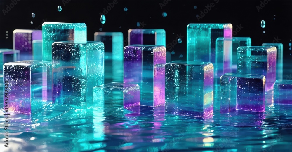 Poster abstract glowing cubes float above reflective surface. vibrant blue, purple hues create futuristic s