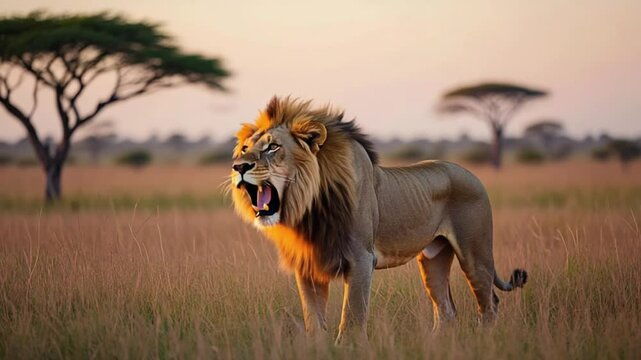 サバンナの王者ライオン、アフリカの風景と百獣の王　力強く駆ける